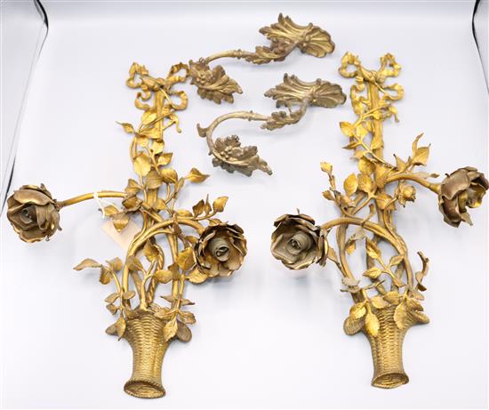 2 Ormolu two light wall sconces and a set of six curtain tiebacks